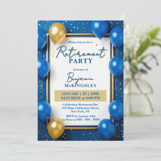 Navy Blue Gold Balloons Confetti Retirement Party Einladung (Stehend Vorderseite)