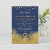 Navy Blue Gold Bar Mitzvah Einladung (Stehend Vorderseite)
