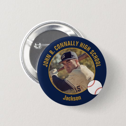 Navy Blue Gold Baseball Player Photo High School Button (Vorne & Hinten)