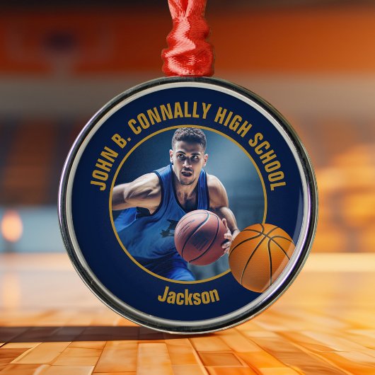 Navy Blue Gold Basketball Player Photo Christmas Ornament Aus Metall