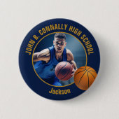 Navy Blue Gold Basketball Player Photo High School Button (Vorderseite)