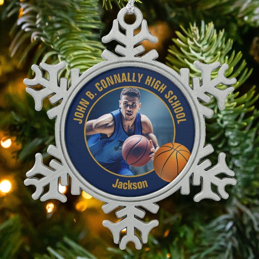 Navy Blue Gold Basketball Player Photo Schneeflocken Zinn-Ornament