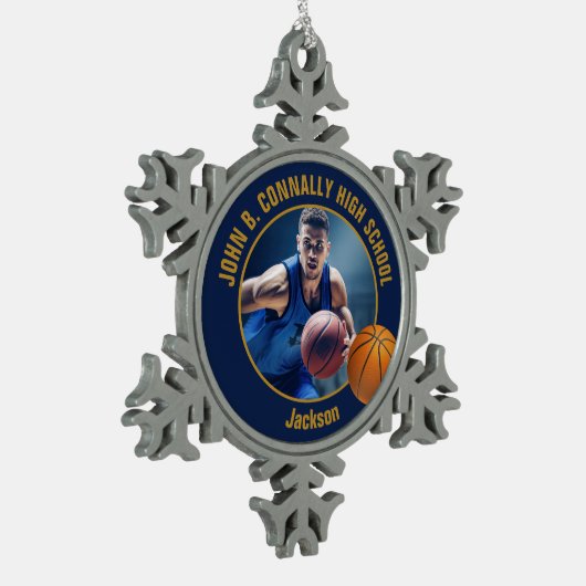 Navy Blue Gold Basketball Player Photo Schneeflocken Zinn-Ornament (Links)