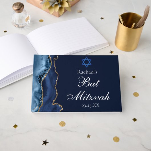 Navy Blue Gold Bat Mitzvah-Feier individuell Gästebuch (Vorderseite Offen)