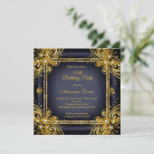 Navy Blue Gold Birthday Party Foto Diamond Einladung (Stehend Vorderseite)