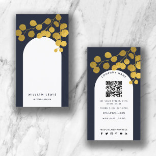 Navy Blue Gold Blätter Moderner arktischer QR-Code Visitenkarte