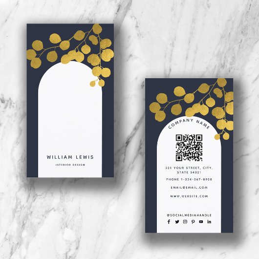 Navy Blue Gold Blätter Moderner arktischer QR-Code Visitenkarte