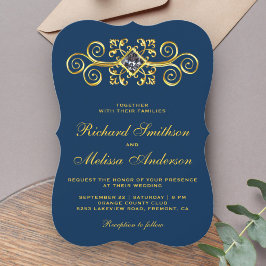 Navy Blue Gold Blüh Hochzeitseinladung Einladung