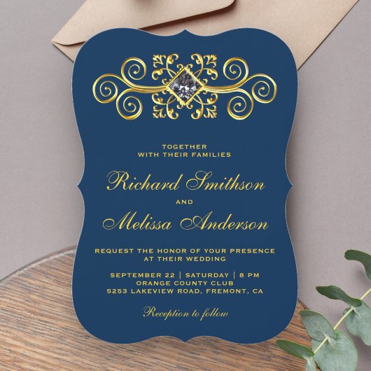 Navy Blue Gold Blüh Hochzeitseinladung Einladung