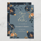 Navy Blue Gold Blume Dusty Blue Save the Date (Vorne/Hinten)