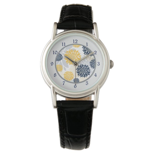 Navy Blue Gold Blume Muster Armbanduhr (Vorderseite)