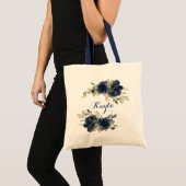 Navy Blue Gold Blumenblättergrün Tragetasche (Vorderseite (Produkt))