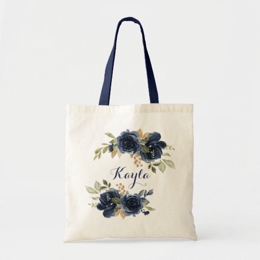 Navy Blue Gold Blumenblättergrün Tragetasche (Vorne)