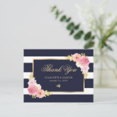 Navy Blue Gold Blush Pink Floral Vielen Dank Postkarte (Stehend Vorderseite)