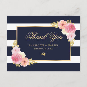 Navy Blue Gold Blush Pink Floral Vielen Dank Postkarte