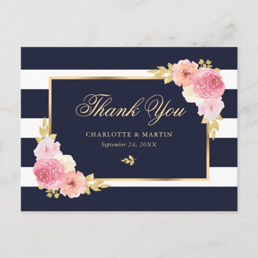 Navy Blue Gold Blush Pink Floral Vielen Dank Postkarte (Vorderseite)