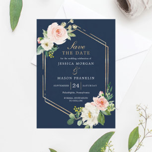 Navy Blue Gold Blush Wedding Save The Date Card Einladung