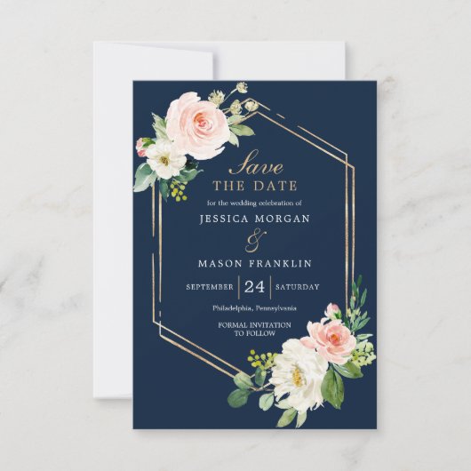 Navy Blue Gold Blush Wedding Save The Date Card Einladung (Vorderseite)