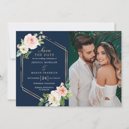 Navy Blue Gold Blush Wedding Save The Date Card Einladung (Vorderseite)