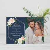 Navy Blue Gold Blush Wedding Save The Date Card Einladung (Stehend Vorderseite)
