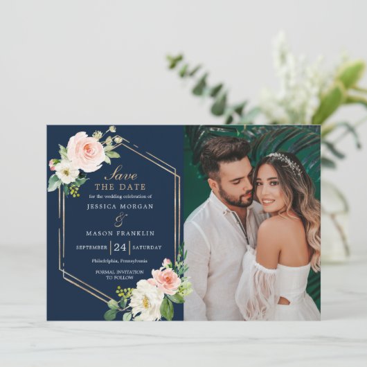 Navy Blue Gold Blush Wedding Save The Date Card Einladung (Stehend Vorderseite)