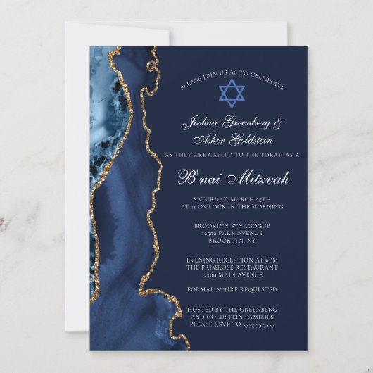 Navy Blue Gold B'nai Mitzvah Elegantes Party Einladung (Vorderseite)