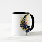 Navy Blue & Gold Bohemisch Crescent Moon Halloween Tasse (VorderseiteRechts)