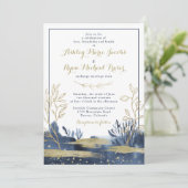 Navy Blue Gold Boho Blues Hochzeitseinladung Einladung (Stehend Vorderseite)