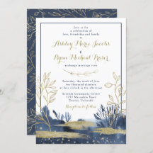 Navy Blue Gold Boho Blues Hochzeitseinladung