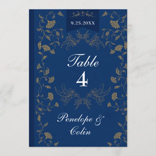 Navy Blue Gold Book Cover Wedding Table Number  Einladung (Vorderseite)
