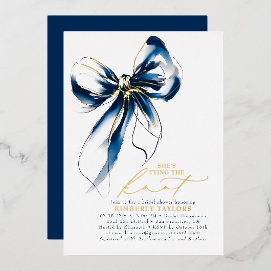 Navy Blue Gold Bow Elegant Whimsical Bridal Shower Folieneinladung (Vorderseite/Rückseite)