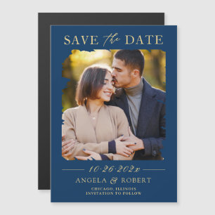 Navy Blue Gold Brush Stroke Foto Save the Date Magnetkarte