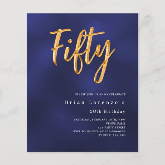 Navy Blue Gold Budget Einladung zum 50. (Vorderseite)