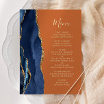 Navy Blue Gold Burnt Orange Wedding Menükarte<br><div class="desc">Die links Seite dieses eleganten,  modernen Hochzeitsmenüs besticht durch eine marineblau-blaue Aquarellgrenze,  die mit Imitaten mit goldenem Glitzer bestickt wurde. Der anpassbare Text kombiniert goldfarbene Handschriftenschrift mit Copperplate-Schriftart auf einem verbrannten orangen Hintergrund. Auf der Rückseite ist ein passendes marineblau-goldfarbenes Design zu sehen.</div>