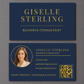 Navy Blue Gold Business Consultant Foto QR Code Visitenkarte