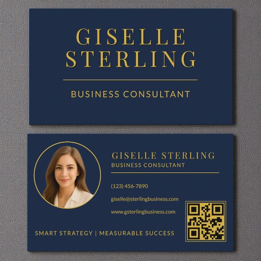 Navy Blue Gold Business Consultant Foto QR Code Visitenkarte