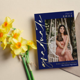 Navy Blue Gold Calligraphy Foto Abschluss Folieneinladung