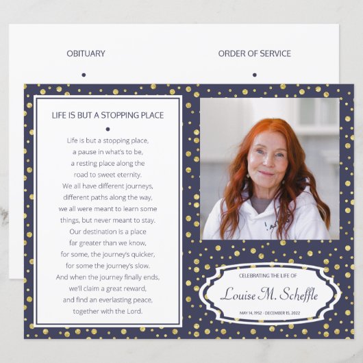 Navy Blue Gold Celebration of Life Funeral Program (Vorne/Hinten)