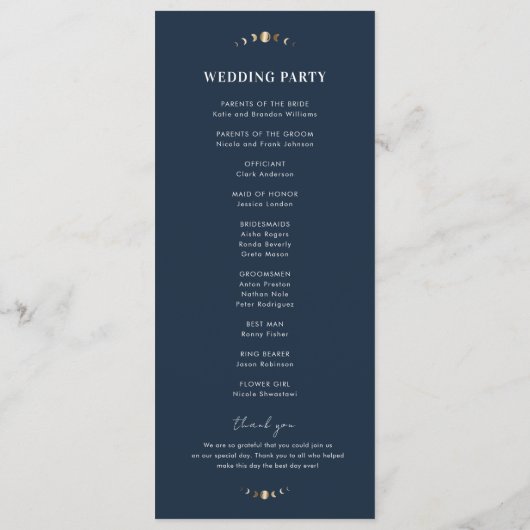 Navy Blue Gold Celestial Moon Cycle Mystic Wedding Programm (Rückseite)