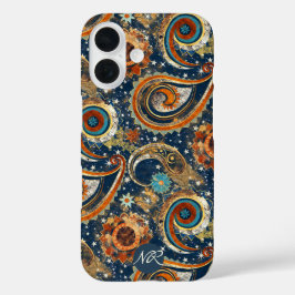 Navy Blue Gold Celestial Paisley Muster Monogram iPhone 16 Hülle