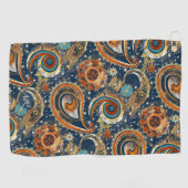Navy Blue Gold Celestial Paisley Muster Monogram Golfhandtuch (Horizontal)