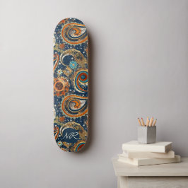 Navy Blue Gold Celestial Paisley Muster Monogram Skateboard
