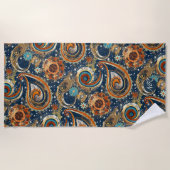 Navy Blue Gold Celestial Paisley Muster Monogram Strandtuch (Vorderseite)