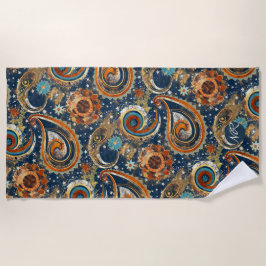 Navy Blue Gold Celestial Paisley Muster Monogram Strandtuch