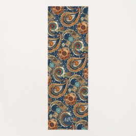 Navy Blue Gold Celestial Paisley Muster Monogram Yogamatte
