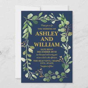 Navy Blue Gold Chic Greenery Boho Bohemisch Weddin Einladung