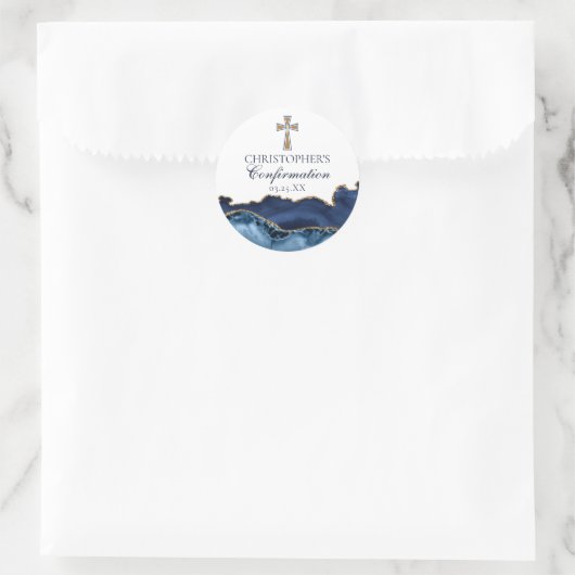 Navy Blue Gold Christian Cross Confirmation Party Runder Aufkleber (Tasche)