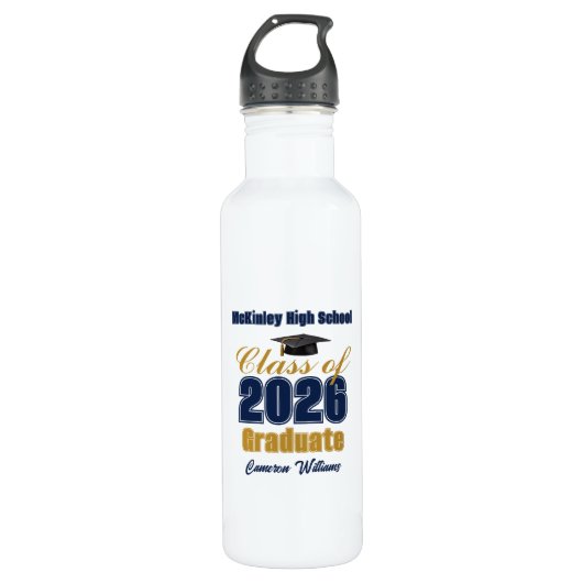 Navy Blue Gold Class of 2026 Custom Graduation Edelstahlflasche (Vorderseite)