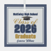 Navy Blue Gold Class of 2026 Graduation Ornament Aus Glas (Vorderseite)