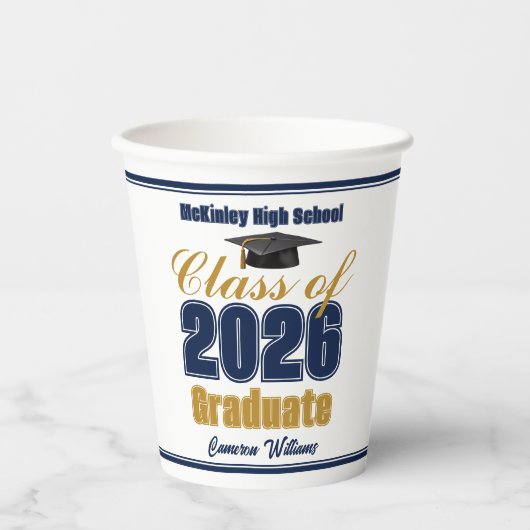 Navy Blue Gold Class of 2026 Graduation Party Pappbecher (Vorderseite)